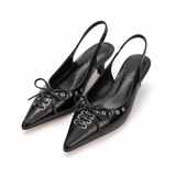 Slingback Sandalen met Puntige Neus van Synthetisch Leer met Strik en Lage Hakken voor Vrouwen