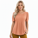 Korte Mouwen T-shirt voor Vrouwen met Uitlopende Ronde Hals en Plissé Details