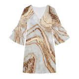 Korte A-lijn Jurk met Abstracte Print en Flared Mouwen en V-hals voor Dames