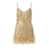 Avondjurk met glitter en veren met een V-hals en fijne bandjes