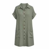 Jersey jurk voor dames, ruime snit, knie-lengte, V-hals met functionele zakken
