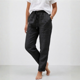 Hoge Taille Elastische Katoenen en Linnen Broek met Relaxte Pasvorm voor Dames