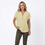 Katoenen en Linnen Blouse met V-hals en Korte Mouwen voor Vrouwen