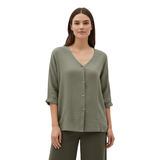 Blouse voor Vrouwen met V-hals, Knopen en 3/4 Mouwen van Linnen en Katoen