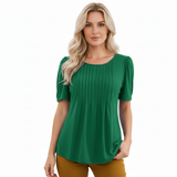 Korte Mouwen T-shirt voor Vrouwen met Uitlopende Ronde Hals en Plissé Details