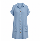 Jersey jurk voor dames, ruime snit, knie-lengte, V-hals met functionele zakken