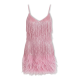 Avondjurk met glitter en veren met een V-hals en fijne bandjes