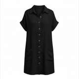 Jersey jurk voor dames, ruime snit, knie-lengte, V-hals met functionele zakken