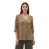 Blouse voor Vrouwen met V-hals, Knopen en 3/4 Mouwen van Linnen en Katoen