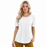 Korte Mouwen T-shirt voor Vrouwen met Uitlopende Ronde Hals en Plissé Details