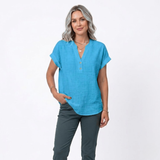 Katoenen en Linnen Blouse met V-hals en Korte Mouwen voor Vrouwen
