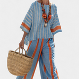 Valeria – gestructureerde terracotta top en linnen broeken