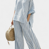 Federica – Sophisticated blauw gestreepte linnen top en casual broeken