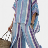 Ginevra – elegante mauve pastel top en gestreepte linnen broeken